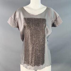 JES WADE Size S Silver Satin Sequined Beaded Scoop Neck Casual Top